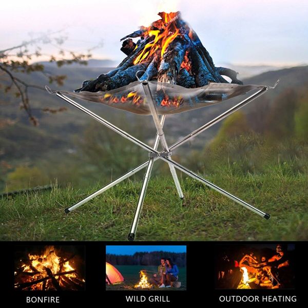 56 CM Portable Fire Pit, Camping Stainless Steel Mesh BBQ Accessories, Ultra Foldable Fire Pit for Patio, Camping, Barbecue, Backyard and Garden