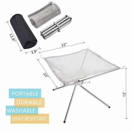 56 CM Portable Fire Pit, Camping Stainless Steel Mesh BBQ Accessories, Ultra Foldable Fire Pit for Patio, Camping, Barbecue, Backyard and Garden