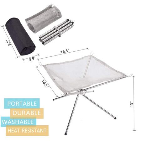 42 CM Portable Fire Pit, Camping Stainless Steel Mesh BBQ Accessories, Ultra Foldable Fire Pit for Patio, Camping, Barbecue, Backyard and Garden