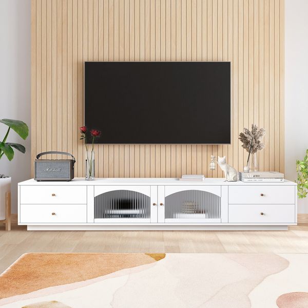 200cm TV Cabinet Stand Console Table Entertainment Centre Unit Television Media Storage Bench Living Room Furniture with 4 Drawers White