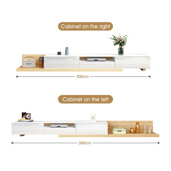 Extendable TV Cabinet Stand Unit Console Table Entertainment Unit Centre Bench Television Media Storage Living Room Furniture 200cm to 380cm