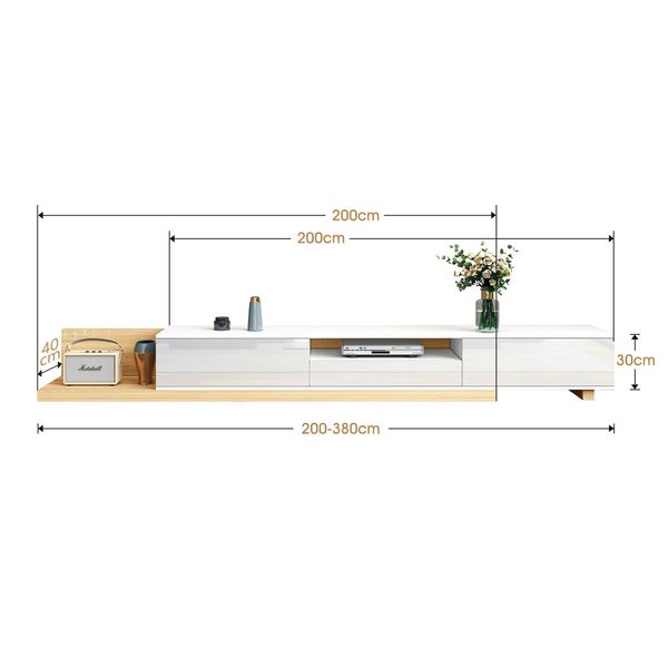 Extendable TV Cabinet Stand Unit Console Table Entertainment Unit Centre Bench Television Media Storage Living Room Furniture 200cm to 380cm