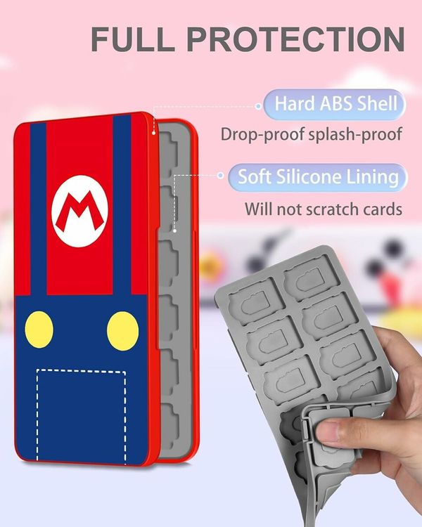 Mario Red-Nintendo Switch Game Case with 24 Game Holder Slots and 24 SD Micro Card Slots for Nintendo Switch/Lite/OLED,Cute Cartoon Games Storage Box