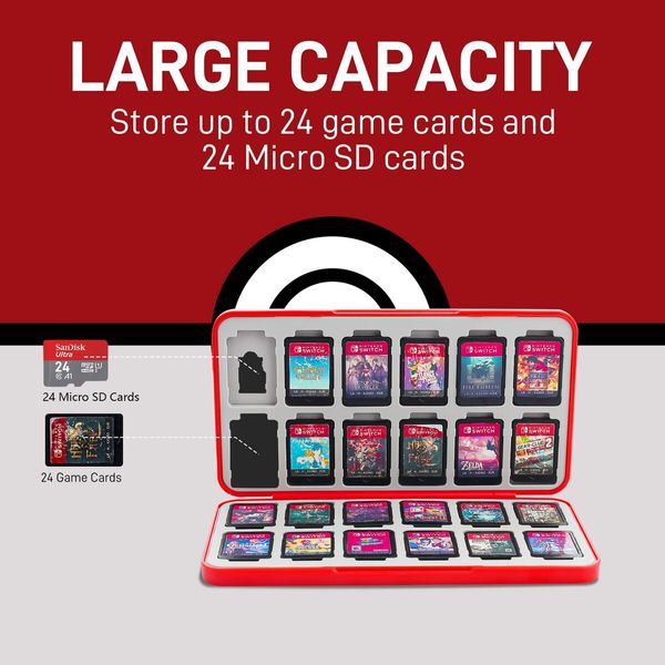 Poke Ball - Game Card Case for Nintendo Switch/Lite/OLED, Game Cartridge Holder with 24 Game Card Slots and 24 Micro SD Card Slots， Magnetic Buckle