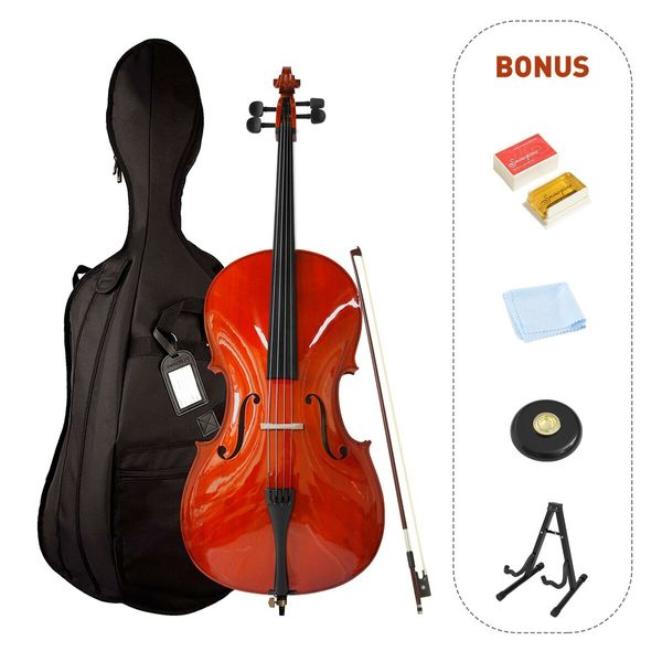 Full Size 4/4 Cello Instrument Beginner Student Cellist Musical Outfits High Lustre Varnish Solid Wood Bridge Strings Bow with Carrying Case