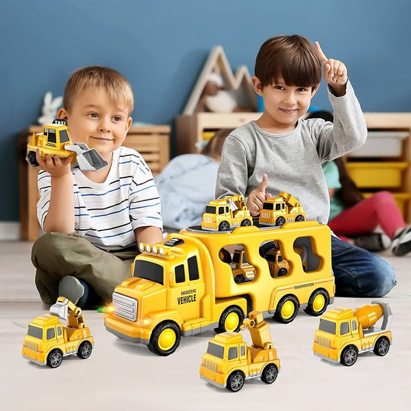 5 In 1 Truck Toy Car Set Toddler Construction Model Friction Power Carrier Excavator Crane Mixer Dumper Drill kids