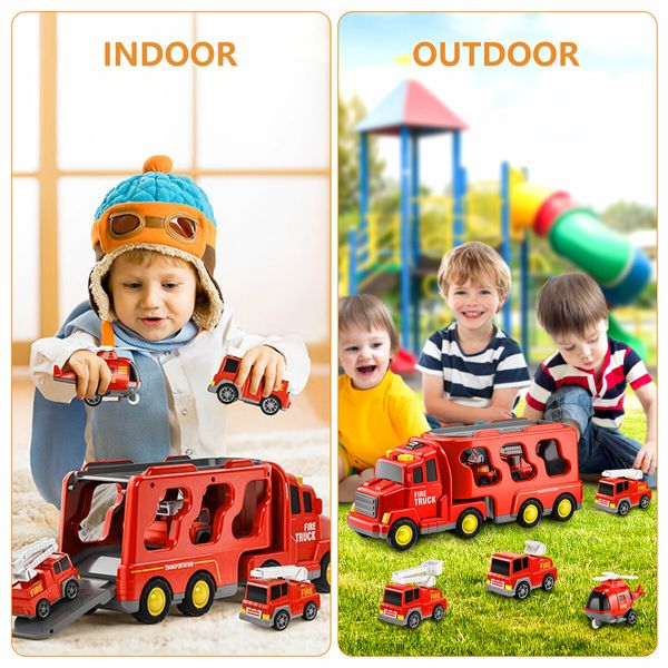 5 In 1 Fire Carrier Truck Toy Car Set Toddler Construction Model Friction with Light Sound Power Christmas Birthday Gift