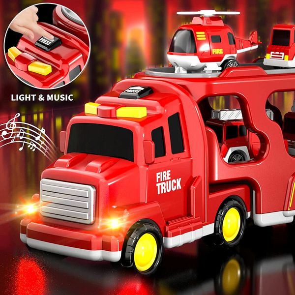 5 In 1 Fire Carrier Truck Toy Car Set Toddler Construction Model Friction with Light Sound Power Christmas Birthday Gift