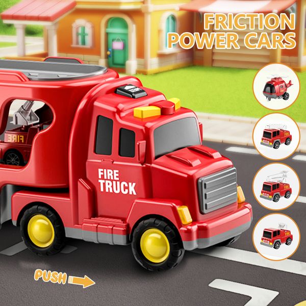 5 In 1 Fire Carrier Truck Toy Car Set Toddler Construction Model Friction with Light Sound Power Christmas Birthday Gift