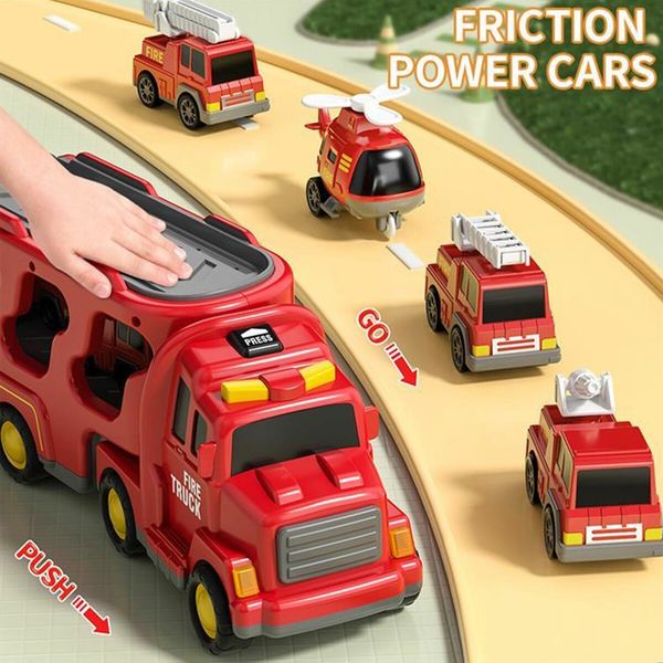 5 In 1 Fire Carrier Truck Toy Car Set Toddler Construction Model Friction with Light Sound Power Christmas Birthday Gift