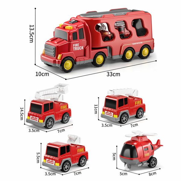 5 In 1 Fire Carrier Truck Toy Car Set Toddler Construction Model Friction with Light Sound Power Christmas Birthday Gift