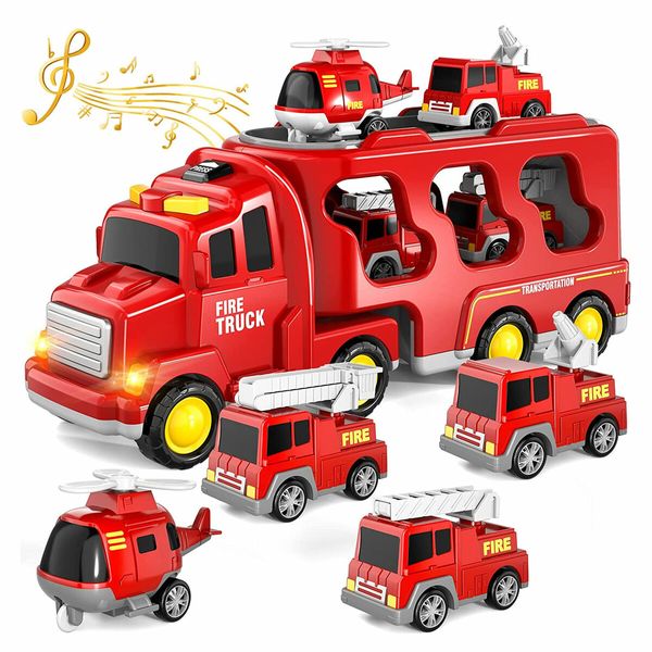 5 In 1 Fire Carrier Truck Toy Car Set Toddler Construction Model Friction with Light Sound Power Christmas Birthday Gift