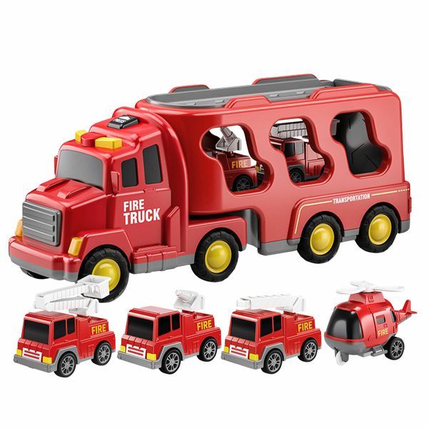 5 In 1 Fire Carrier Truck Toy Car Set Toddler Construction Model Friction with Light Sound Power Christmas Birthday Gift