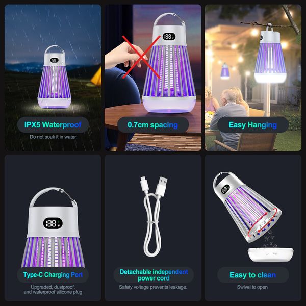 Mosquito Killer Lamp Bug Fly Zapper Repellent Insect Mozzie Deterrent Catcher Trap LED Light Rechargeable Battery Electric Portable Waterproof USB