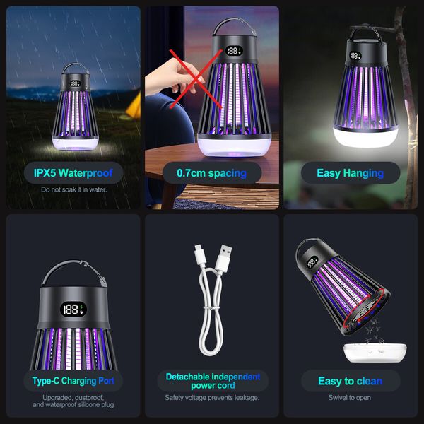 Mosquito Killer Lamp Bug Zapper Fly Repellent Mossize Insect Deterrent Trap Catcher LED Light Electric Rechargeable Battery Portable Waterproof