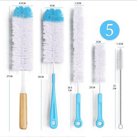 Bottle Brush Cleaner Pack, Set of 5 Bottle Brushes for Cleaning Baby Bottles, Water Bottles, One Straw Cleaner Brush