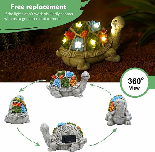 Solar Garden Outdoor Statues Turtle with Succulent and 7 LED Lights, Lawn Decor Tortoise Statue for Patio, Balcony, Yard Ornament