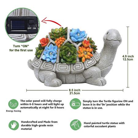 Solar Garden Outdoor Statues Turtle with Succulent and 7 LED Lights, Lawn Decor Tortoise Statue for Patio, Balcony, Yard Ornament