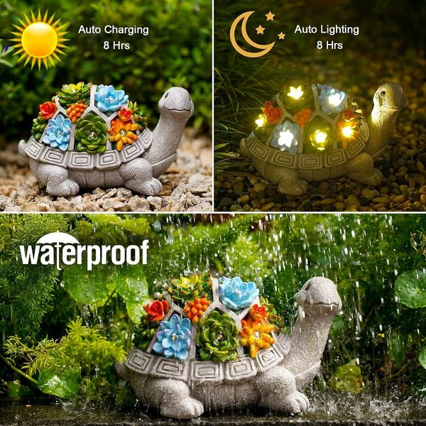 Solar Garden Outdoor Statues Turtle with Succulent and 7 LED Lights, Lawn Decor Tortoise Statue for Patio, Balcony, Yard Ornament