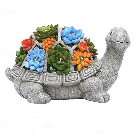 Solar Garden Outdoor Statues Turtle with Succulent and 7 LED Lights, Lawn Decor Tortoise Statue for Patio, Balcony, Yard Ornament