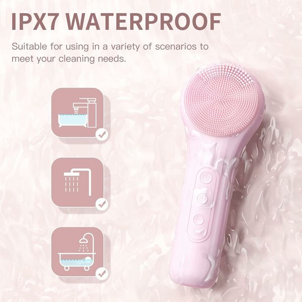 Electric Facial Cleansing Brush, IPX7 Waterproof Soft Silicone Face Scrubber Exfoliator Pink