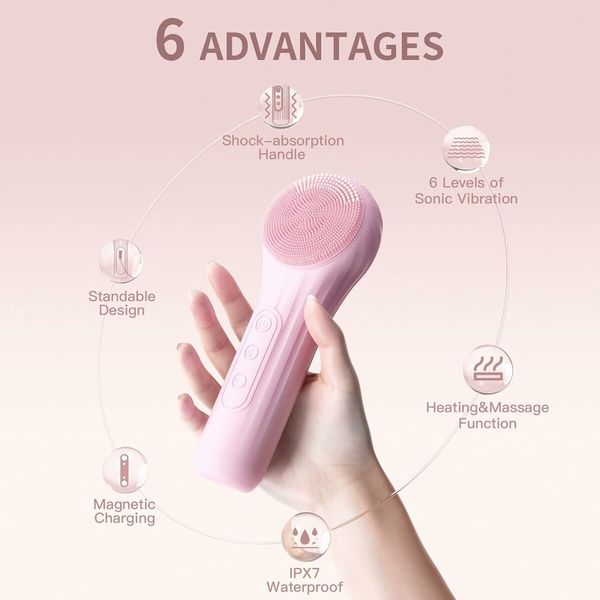 Electric Facial Cleansing Brush, IPX7 Waterproof Soft Silicone Face Scrubber Exfoliator Pink