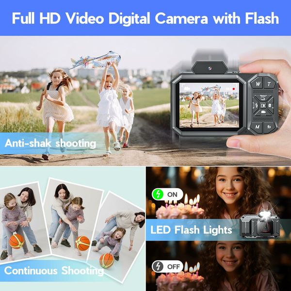 Digital Camera,1080P Kids Camera 48MP Point and Shoot Digital Cameras for Boys Girls Teans Vlogging Camera for Kids Anti Shake 18x Zoom with 32G TF Card (Black)