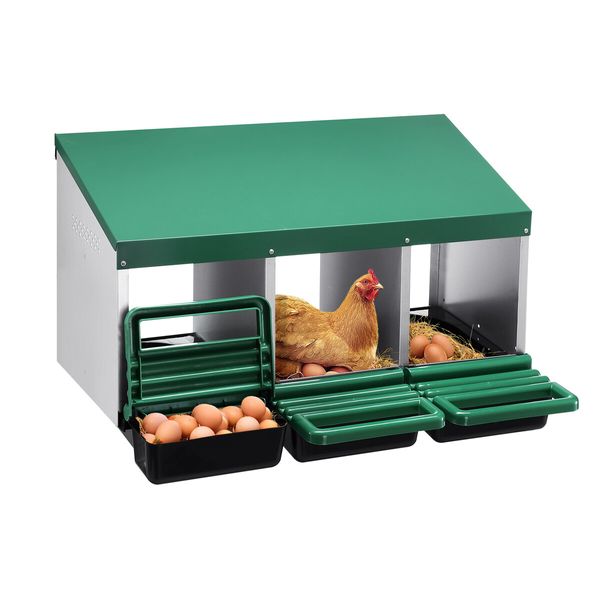 3 Hole Chicken Nesting Box Hen Chook Roll Away Laying Nest Boxes Brooder Coop Poultry Egg Roost Perch Galvanised Steel Plastic with Vents Lid