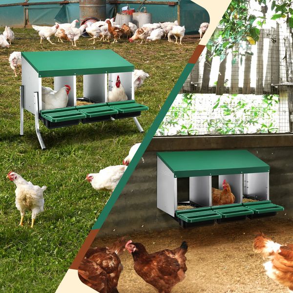 3 Hole Chicken Nesting Box Roll Away Hen Laying Boxes Chook Poultry Egg Nest Brooder Coop Roost Perch Galvanised Steel Plastic with Stand