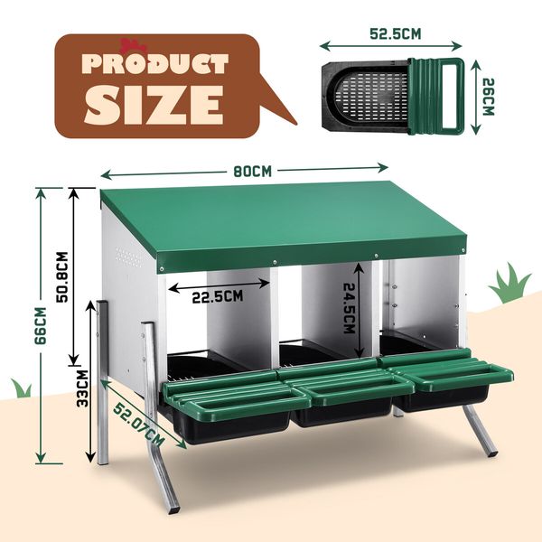 3 Hole Chicken Nesting Box Roll Away Hen Laying Boxes Chook Poultry Egg Nest Brooder Coop Roost Perch Galvanised Steel Plastic with Stand