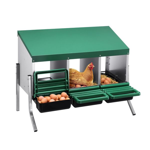 3 Hole Chicken Nesting Box Roll Away Hen Laying Boxes Chook Poultry Egg Nest Brooder Coop Roost Perch Galvanised Steel Plastic with Stand