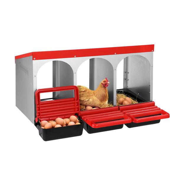 3 Hole Chicken Nesting Box Hen Roll Away Laying Boxes Chook Nest Brooder Poultry Egg Coop Roost Perch Galvanised Steel Plastic with Vents Lid