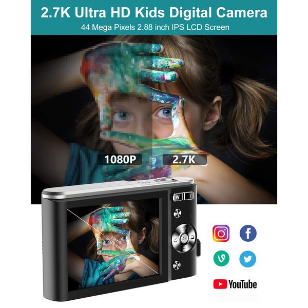 Digital Camera 2.7K Ultra HD Mini Camera 44MP 2.8 Inch LCD Screen Rechargeable Students,Compact Pocket Camera with 16X Digital Vlogging Camera (Black)