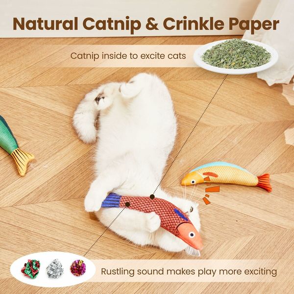 Cat Toys Saury Fish 3 Pack Catnip Crinkle Sound Toys Soft and Durable, Interactive Cat Kicker Toys for Indoor Kitten