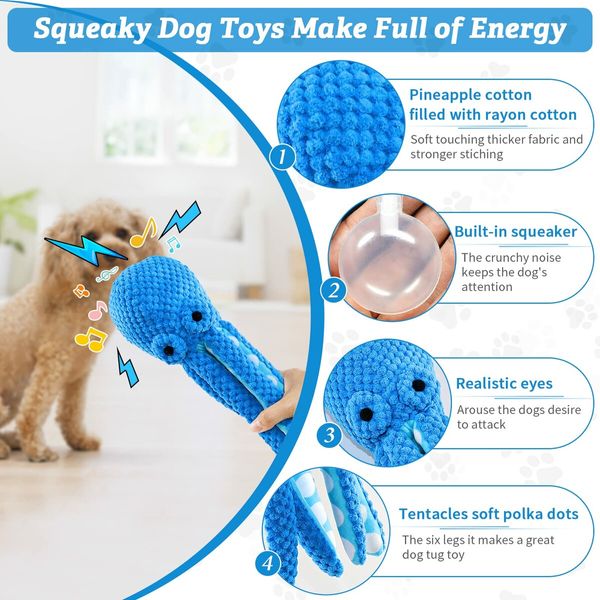 Squeaky Dog Toys for Large Dogs Plush Dog Toys Octopus Stuffed Dog Toys for Indoor Play(Blue)