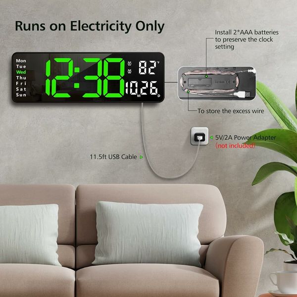 13 In Large LED Digital Wall Clock with Date and Temperature for Living Room Office Decor