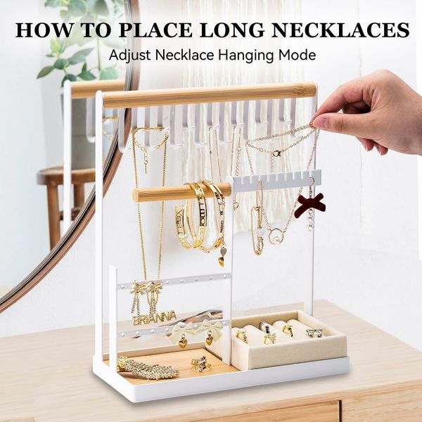 Jewelry Organizer Stand with Velvet Ring Holder,4 Tier Jewelry Holder Organizer with 15 Hooks Necklace Organizer and Watch Bracket Holder,Jewelry Stand with 16 Holes for Earring Holder,White