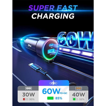 USB C 60W Super Fast Car Charger PD and QC3.0 with 5ft 30W Type C Coiled Cable for iPhone 15 Pro Max Plus, Android, iPad Pro