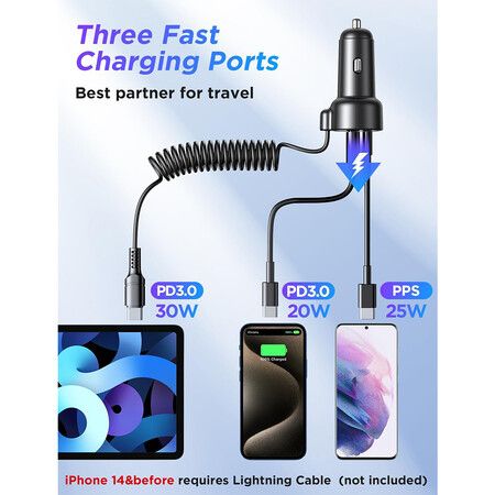 USB C 60W Super Fast Car Charger PD and QC3.0 with 5ft 30W Type C Coiled Cable for iPhone 15 Pro Max Plus, Android, iPad Pro