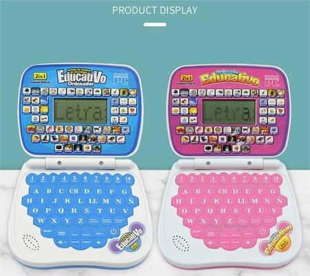 Pink-Bilingual Spanish English Learning Small Laptop Toy with Screen,Educational Computer to Learn Alphabet ABC,Numbers,Words,Spelling,Maths,Music.