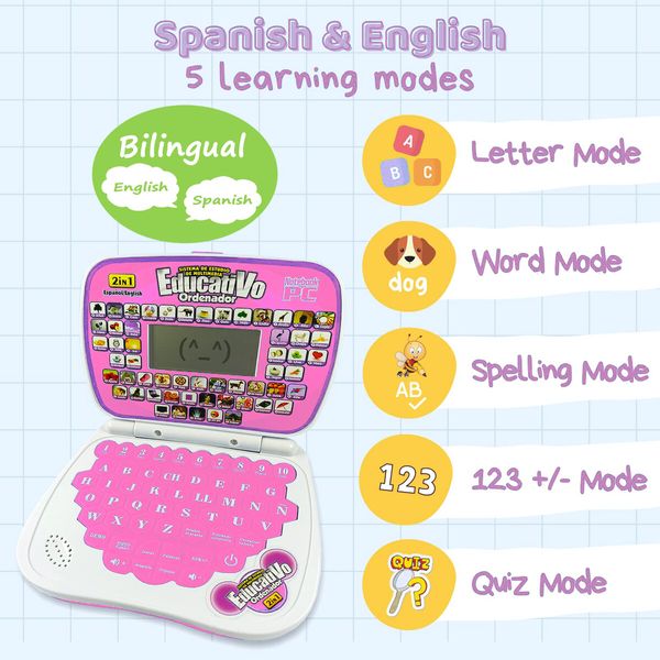 Pink-Bilingual Spanish English Learning Small Laptop Toy with Screen,Educational Computer to Learn Alphabet ABC,Numbers,Words,Spelling,Maths,Music.