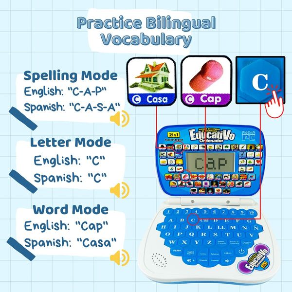 BLue-Bilingual Spanish English Learning Small Laptop Toy with Screen,Educational Computer to Learn Alphabet ABC,Numbers,Words,Spelling,Maths,Music.