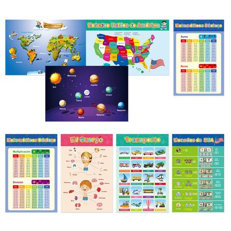 16 PCS 28*42CM Spanish Posters Classrooms Decorations-Teach Numbers Alphabet Colors and More with Glue Point Dot for Homeschool Kindergarten Classroom