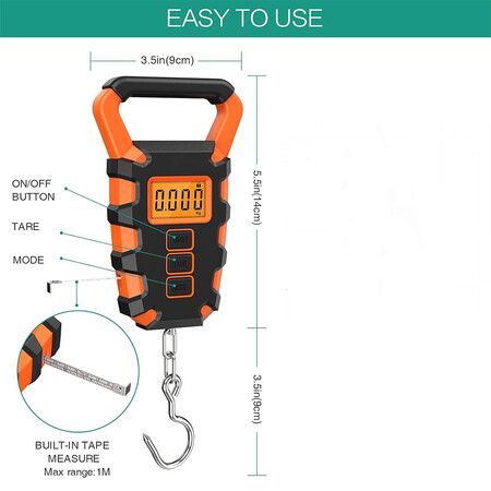 Digital Fishing Scale with Ruler, Fishing Postal Hanging Hook Scale, 110lb/50kg Luggage Scale