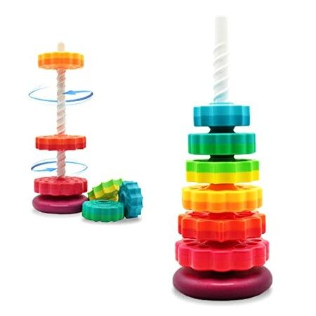 Educational Spinning Stacking Toys, Rainbow Stacking Rings Toy, Toddlers Toys Montessori Sensory Learning Toy for Girls and Boys Spin Wheel Toys for Kids