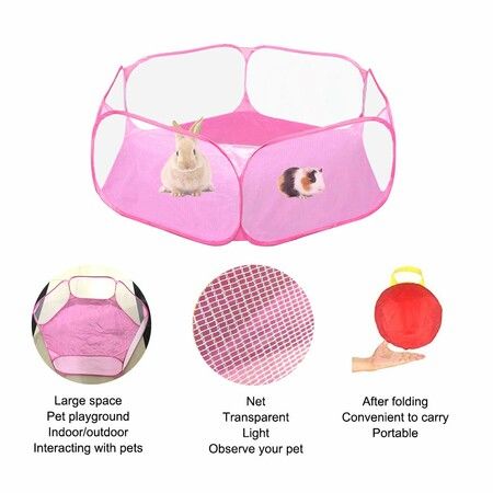 Small Animals C&C Cage Tent,Breathable & Transparent Pet Playpen Pop Open Outdoor/Indoor Exercise Fence,Portable Yard Fence for Guinea Pig,Rabbits,Hamster,Chinchillas and Hedgehogs (Pink)