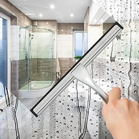 All-Purpose Stainless Steel Shower Squeegee for Shower Doors with 2  Hooks, Bathroom Cleaner Tool Household Window Mirror Squeegee for Home Cleanin Car, 10 Inch Silver