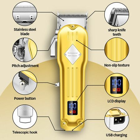 Electric Hair Trimmer Barber Cordless Full Set And Trimmer Set  Rechargeable Hair Beard LED Display for Men(Gold)