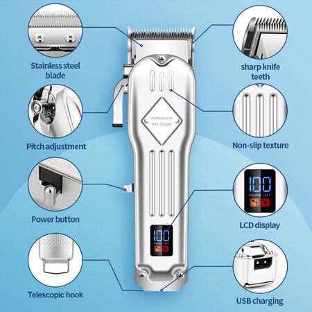 Electric Hair Trimmer Barber Cordless Full Set And Trimmer Set  Rechargeable Hair Beard LED Display for Men(Sliver)