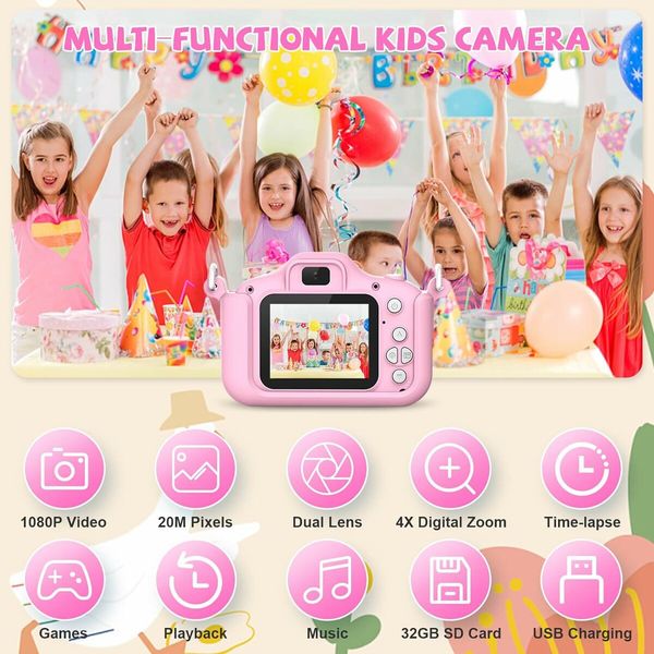 Kids Camera for Girls/Boys, Portable Selfie Toy Camera for Kids Ages 3-12, 20MP 1080P HD Digital Video Camera with 32GB SD Card for Kids, Birthday Christmas Festival Gifts (Pink)